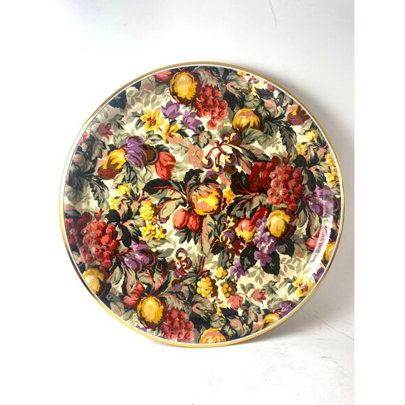 Vintage Italian Floral Fruit Round Serving Tray Woven Wood Bottom - Picture 1 of 5